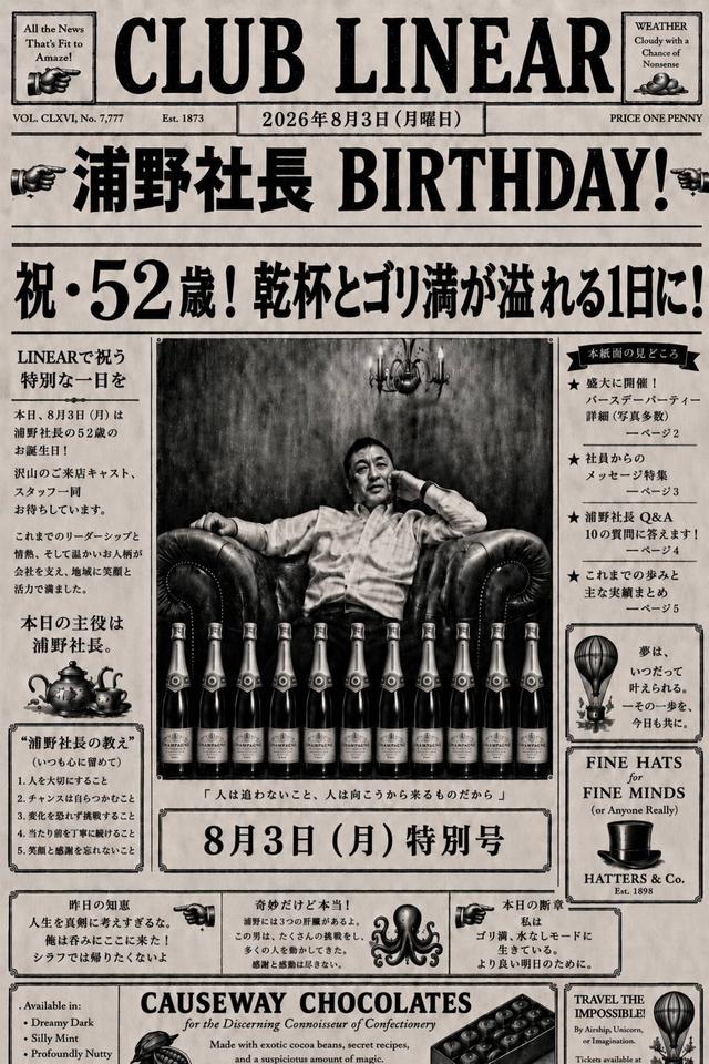 2026.8/3(月)★LINEAR★浦野 貴士◆誕生祭◆